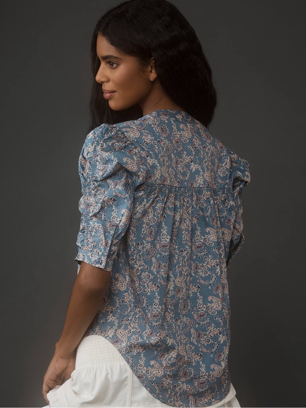 Anthropologie Bishop + Young Rachel Paisley Cotton Blouse Ruched Sleeve Medium - Picture 2 of 9